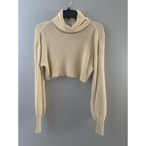 L’Academie Cropped Turtleneck Sweater Size S Beige Ribbed Balloon Sleeve Lucia